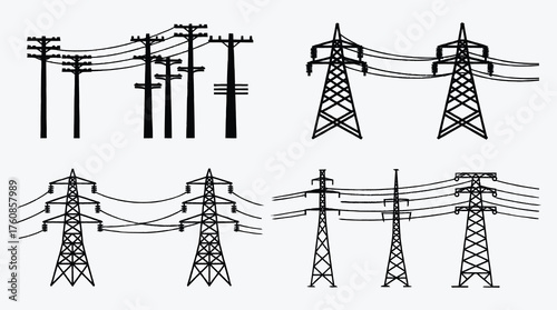 Power Lines and Transmission Towers Silhouettes on White Background Vector Illustration