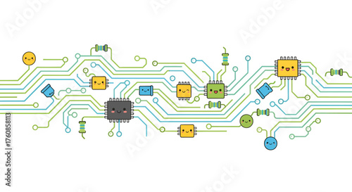 Playful electronic components and circuits artwork featuring colorful smiley faces