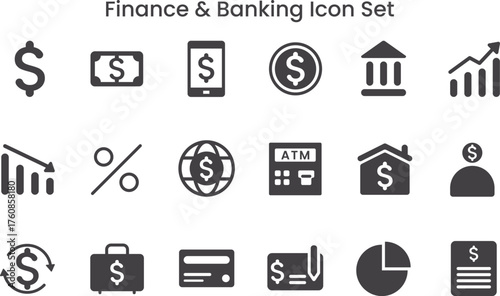 Finance and banking icon set. flat black vector symbols for money, savings, investment, online payment, mobile banking, cash, financial growth, and business economy concepts