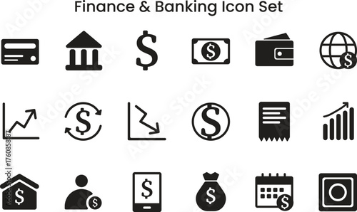 Finance and banking icon set. flat black vector symbols for money, savings, investment, online payment, mobile banking, cash, financial growth, and business economy concepts