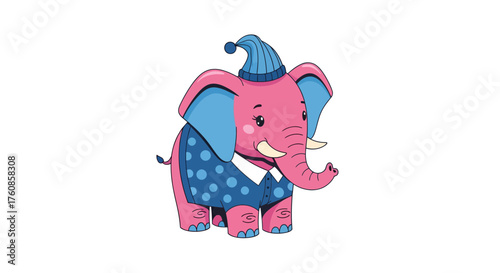 Playful pink elephant cartoon character wearing a charming polka-dot outfit and cozy hat