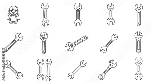 Playful pattern of outlined wrench tools and a kawaii character illustration on white backdrop