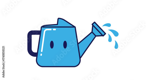 Playful watering can illustration with facial features spraying water drops cheerfully