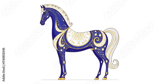 Stylized ornamental horse with elaborate gold embellishments on a dark blue backdrop