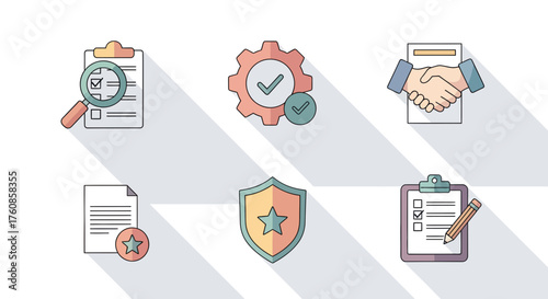 Quality Assurance and Compliance Icons Depicting Evaluation Process for Business
