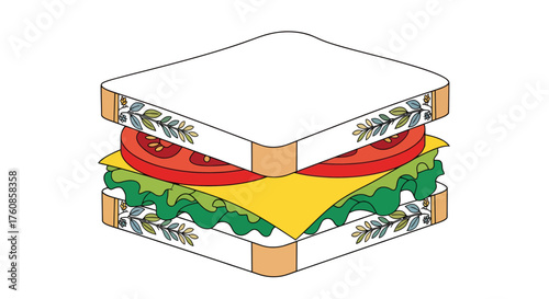 Stylized sandwich illustration with floral bread border and classic fillings, perfect for food