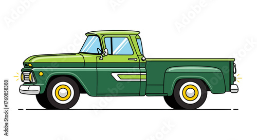 Stylized vintage green pickup truck illustration with outline and smooth shading effect