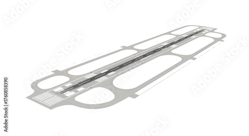 Aerial representation of runway layout featuring approach markings and holding areas, creating