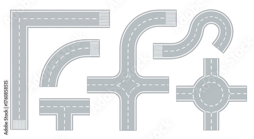 Roadway component set offering diverse layouts, junctions, intersections, and directional changes