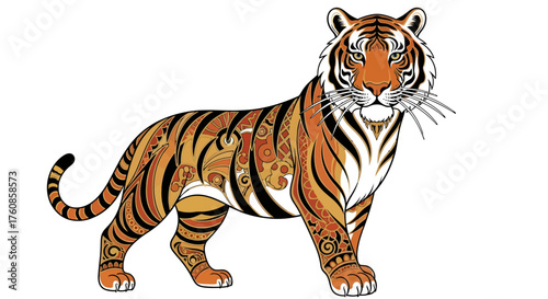 Artistic tiger illustration with intricate patterns and vibrant colors on white backdrop