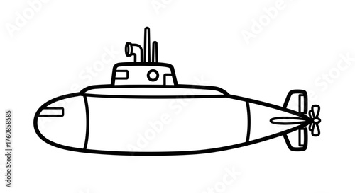 Black line drawing of a submarine with simple details offering a clear silhouette