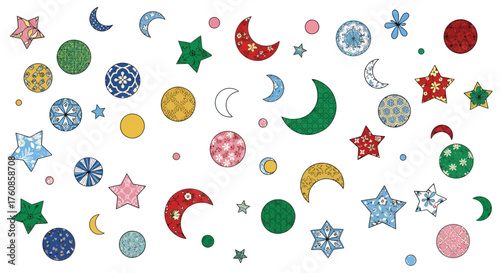 Celestial patchwork dreams whimsical star and moon fabric pattern delightful illustration