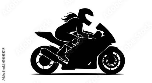 Silhouette of a female rider on a modern sports motorcycle against a plain white background