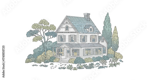 Charming architectural drawing of a classic two-story house enveloped by lush greenery