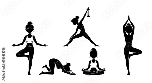 Silhouettes of yoga poses depicting wellness and flexibility representing health practices