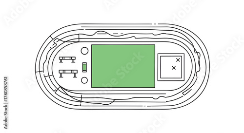 Simple line drawing illustration of a standard athletic track and field complex