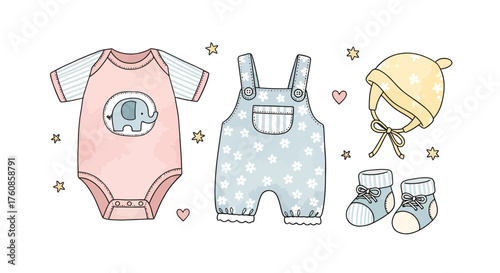 Charming hand-drawn pastel baby apparel ensemble creates inviting newborn presentation