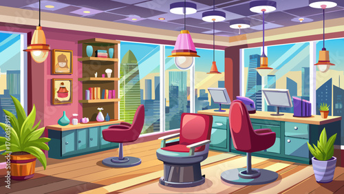 Very beautiful vector cartoon illustration of a modern salon interior designed in 3D style, featuring elegant furniture, soft lighting, and stylish decor that exudes sophistication and contemporary be