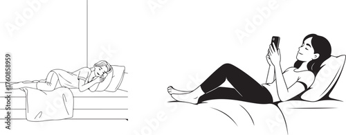 Woman relaxing on bed scrolling through her phone