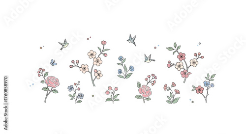 Delicate floral scatter pattern with birds and pastel hues evoking springtime serenity