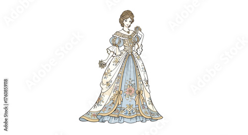 Elegance personified: A stunning gown from a bygone era with ornate detailing and refined floral