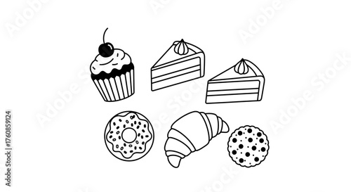 Delightful pastries collection: Minimalist line art of sweet bakery treats assortment
