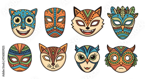 Stylized animal masks in tribal patterns, vibrant hues, and cartoonish designs present artistic