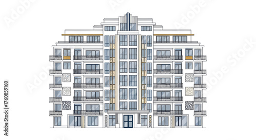 Elegant architectural drawing of a multi-story residential building with balconies and windows