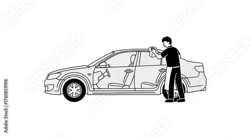 Detailed illustration of a man cleaning a car showcasing automotive care procedures