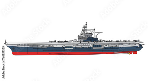 Detailed vector illustration of a majestic aircraft carrier at sea showcasing its formidable