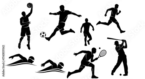 Diverse athletic pursuits illustrated through dynamic vector silhouettes collection art