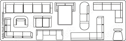 Minimalist line art collection of diverse furniture pieces in a top-down architectural floor plan view. Includes various sofas, sectional couches, an armchair, an ottoman, and a double bed. Ideal for 