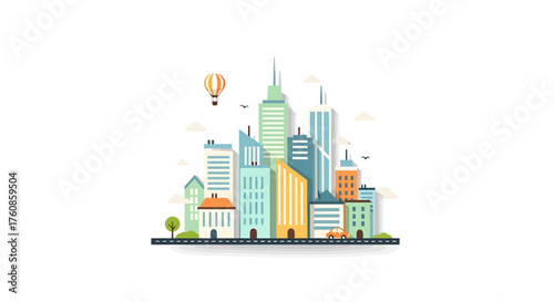 Stylized urban landscape with vibrant architectural buildings and a floating air balloon offering