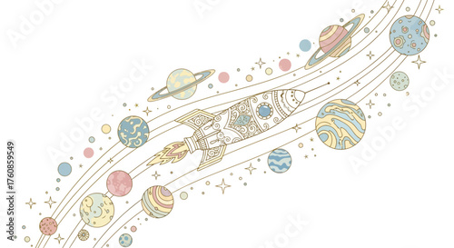 Elegant stylized rocket ship soars through a serene celestial scene among planets and stars