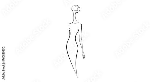 Elegant stylized female form, graceful posture, minimalist black line drawing, sophisticated