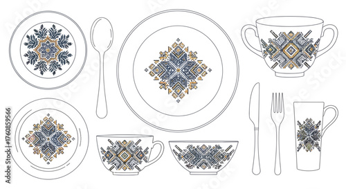 Elegant tableware assortment featuring intricate pixelated geometric designs for decorative use