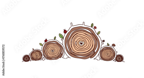 Stylized whimsical tree stumps artwork adorned with ladybugs and mushrooms in a neat row