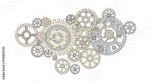 Intricate assemblage of interlocking cogwheels conveying mechanism and interconnectedness