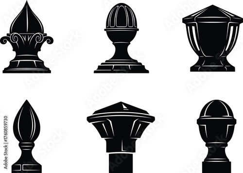 Set of black decorative iron finials and spearhead designs for fences, gates, and architectural ornaments in vector silhouette style