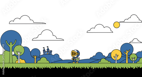 Flat vector game background with knight castle trees and cartoon sky landscape