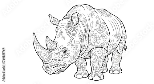 Intricate floral patterned rhinoceros illustration on a clean white backdrop display