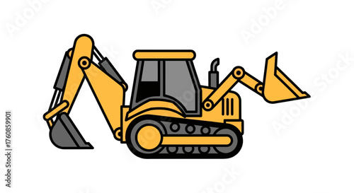 Illustrated construction digger machine with yellow tones in side view on white field