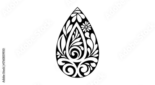 Intricate teardrop design, stylized flora pattern in stark black and white, a visual symphony