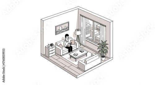 Isometric view of a man reading in a modern living room featuring urban scenery and comfortable