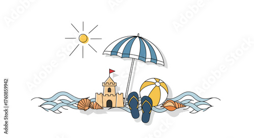 Joyful beach vacation with sandcastle umbrella ball and seashells illustration perfect for summer