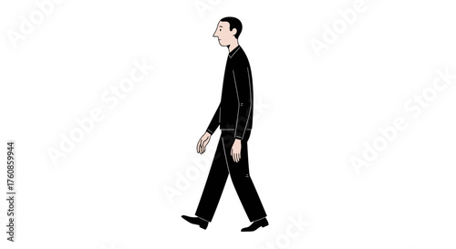 Illustration of a man in simple black clothing walking in profile against a plain background
