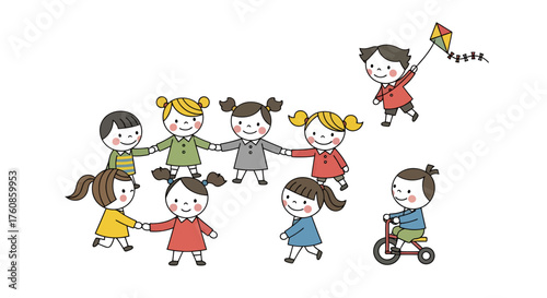 Joyful illustration of children engaged in group activities, kite flying and tricycle ride in