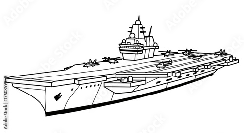 Line art illustration of an aircraft carrier featuring several naval aircraft ready to deploy