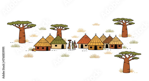 Illustration of a traditional african village landscape with baobab trees and native people