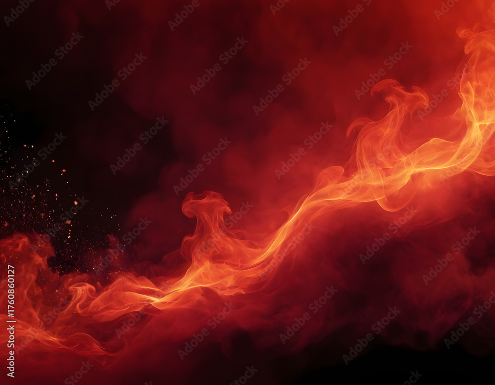 Fototapeta premium A fiery-toned red sky and abstract black and red background with smoke and flame effects. Wide banner for design. Fire in the clouds.